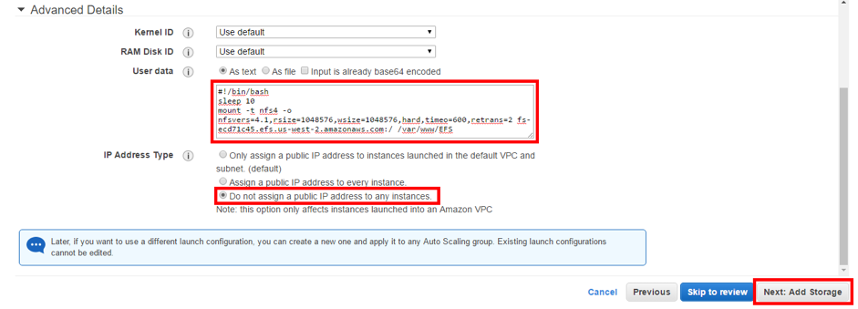 step 16 of create auto scaling in aws: add storage