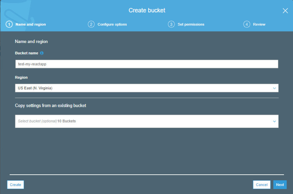 configure bucket settings to Deploy a react app on  AWS 