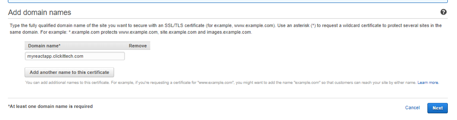 add domain names to Deploy a react app on  AWS 