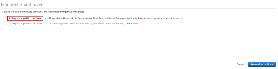 request a public certificate to Deploy a react app on  AWS 