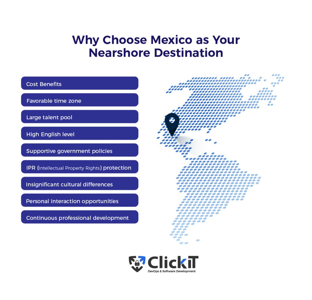 list of why choose mexico as your nearshore destination, such as cost benefits, favorable time zone, large talent pool and IPR