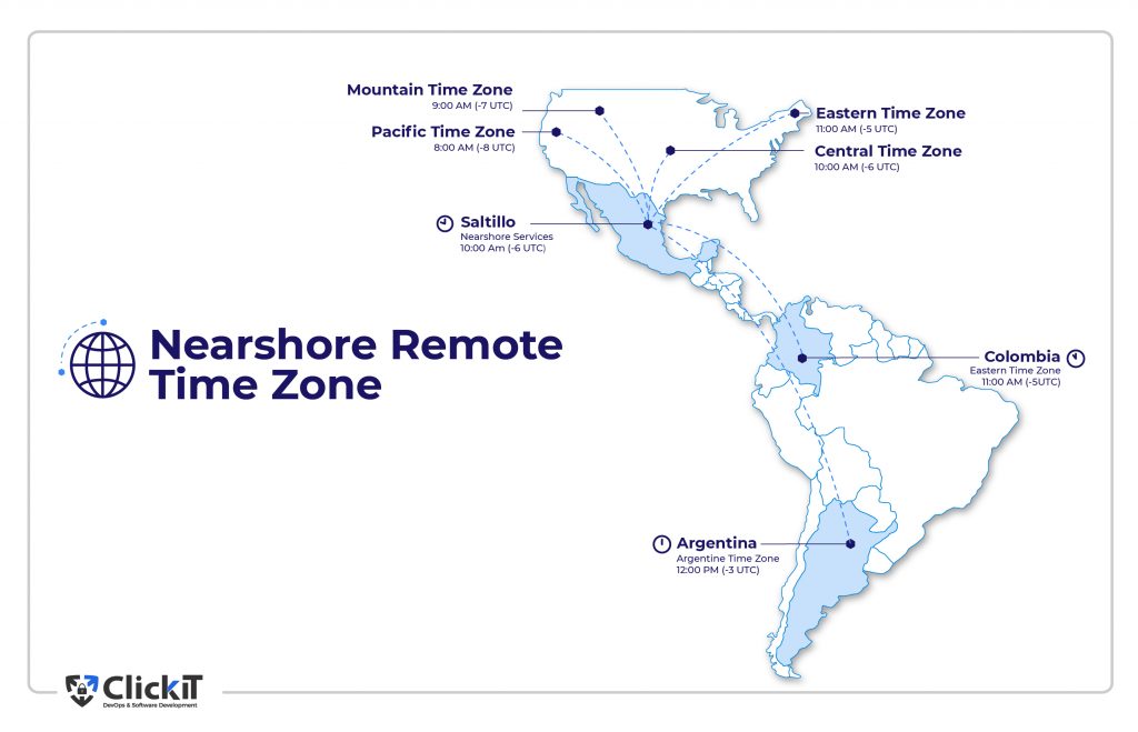 map of time zones for Nearshore development for remote teams