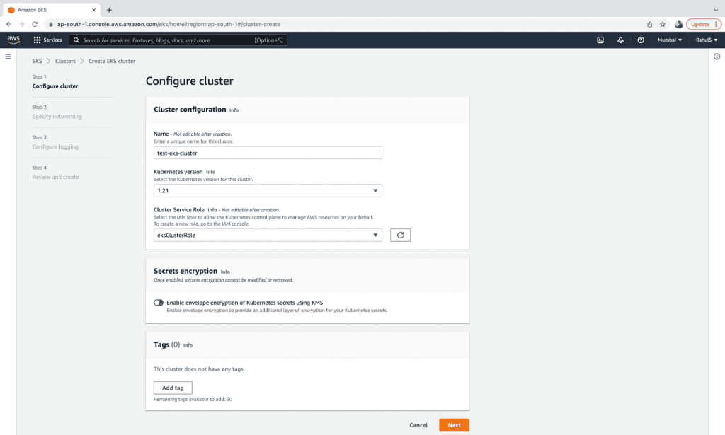 Create an EKS Cluster step 2