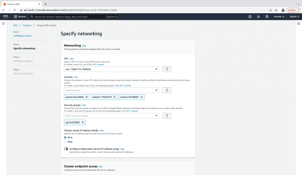 Create an EKS Cluster step 3