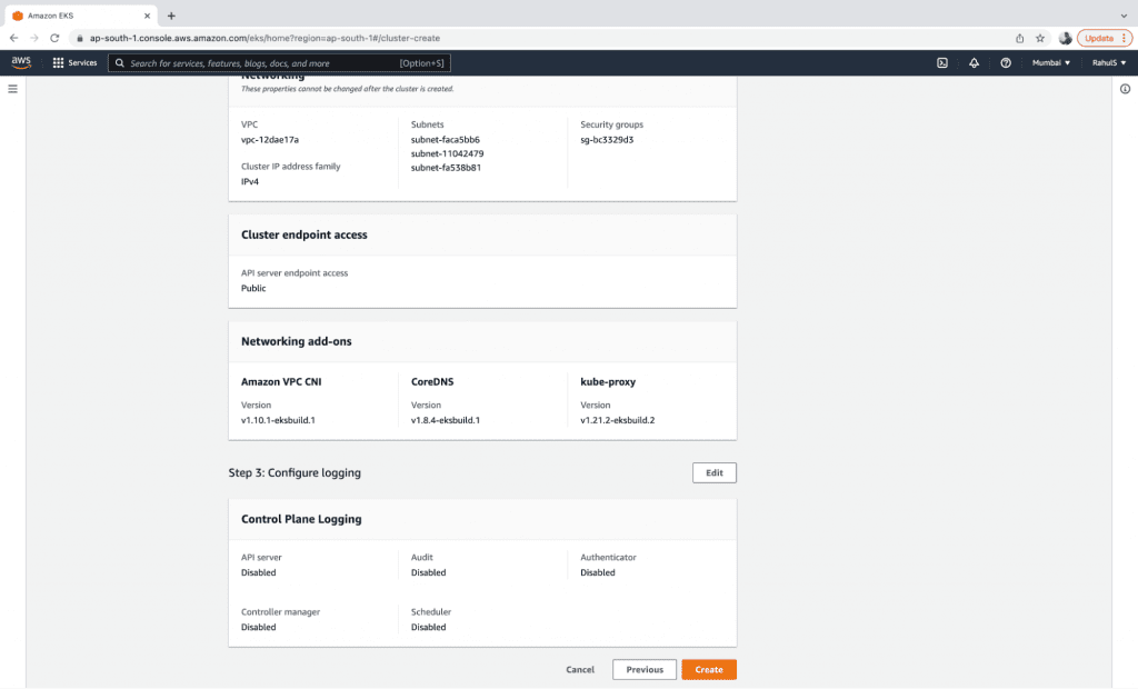 Create an EKS Cluster step 6