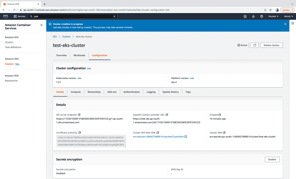 Create an EKS Cluster step 7