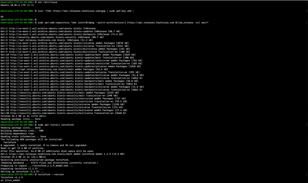 terraform installation step 6: Ubuntu 18.04 EC2 Instance with Terraform Installed in it