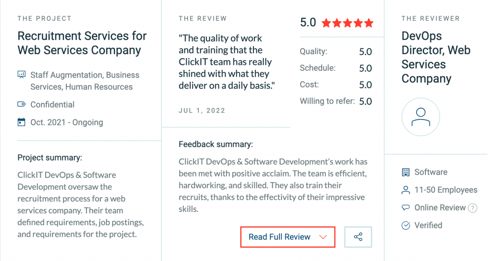 Clutch review of DevOps staff augmentation