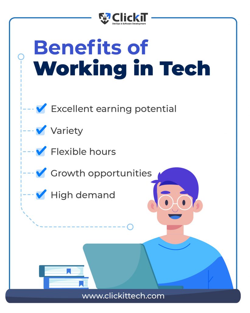 Benefits of working in tech:
Excellent earning potential
Variety
Flexible hours
Growth opportunities
High demand