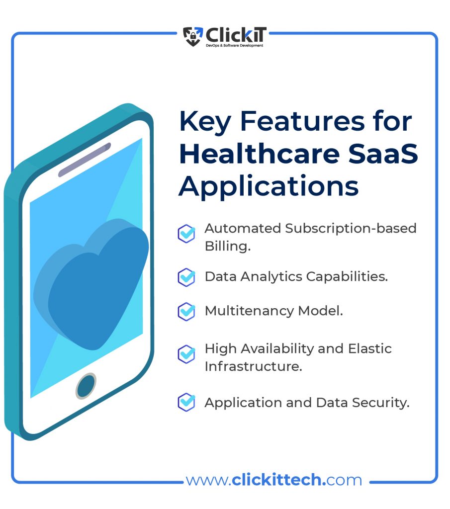 Key Features for Healthcare SaaS Apps
Automated Subscription-based Billing
Data Analytics Capabilities
Multitenancy Model
High Availability and Elastic Infrastructure
Application and Data Security

This blog reviews the top Healthcare SaaS Trends, and how you can create Healthcare SaaS applications