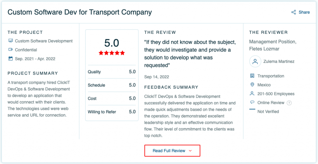 Successful App Development Review. 
Fletes Lozmar review of ClickIT's services.