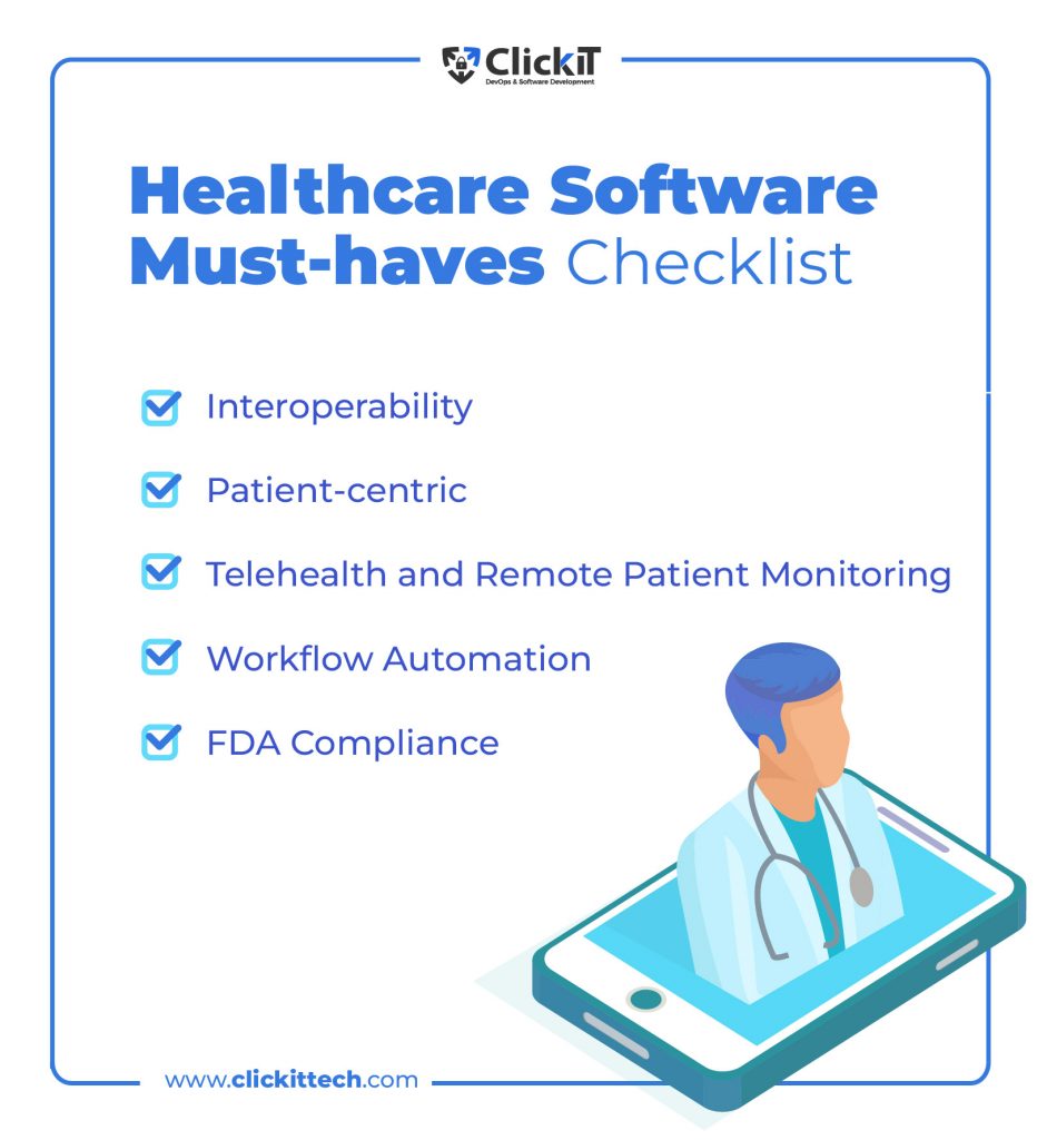 5 Healthcare Software Development Must-haves
- Interoperability
- Patient-centric
- Telehealth and Remote Patient Monitoring
- Workflow Automation
- FDA Compliance