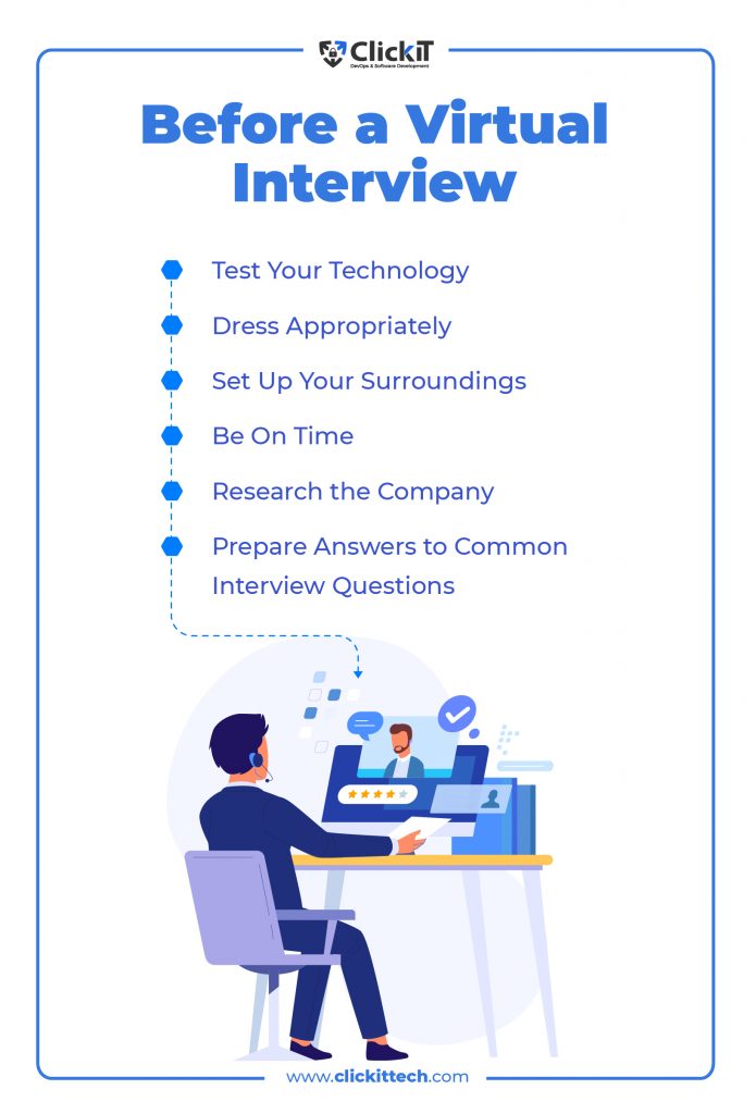 Before Virtual Interviews

Test Your Technology
Dress Appropriately
Set Up Your Surroundings
Be On Time
Research the Company
Prepare Answers to Common Interview Questions