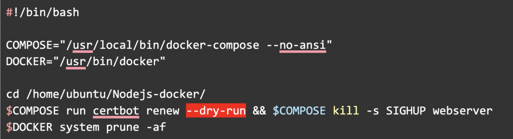 #!/bin/bash  COMPOSE="/usr/local/bin/docker-compose --no-ansi"
DOCKER="/usr/bin/docker"