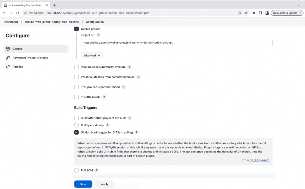 How to integrate Jenkins with GitHub: Check the "GitHub project" box and input the GitHub Repository URL into the "Project URL" field