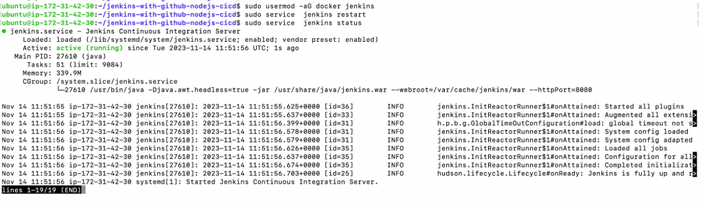 How to integrate Jenkins with GitHub: sudo usermod -aG docker jenkins
sudo service  jenkins restart
sudo service  jenkins status