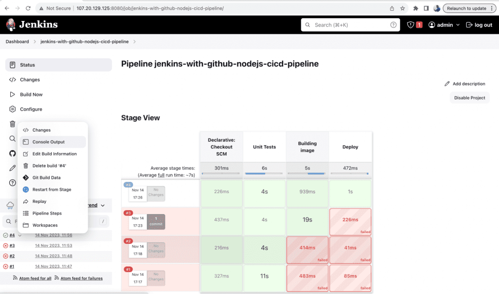 How to integrate Jenkins with GitHub: log in again to Jenkins UI using the “admin” user and the password available in the /var/lib/jenkins/secrets/initialAdminPassword file. Click on the “Build Now” 