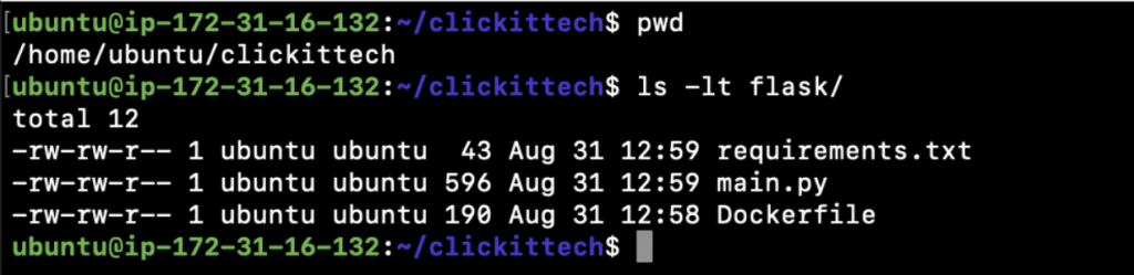 Now, you should have the following files in your “flask” directory.
main.py
requirements.txt
Dockerfile