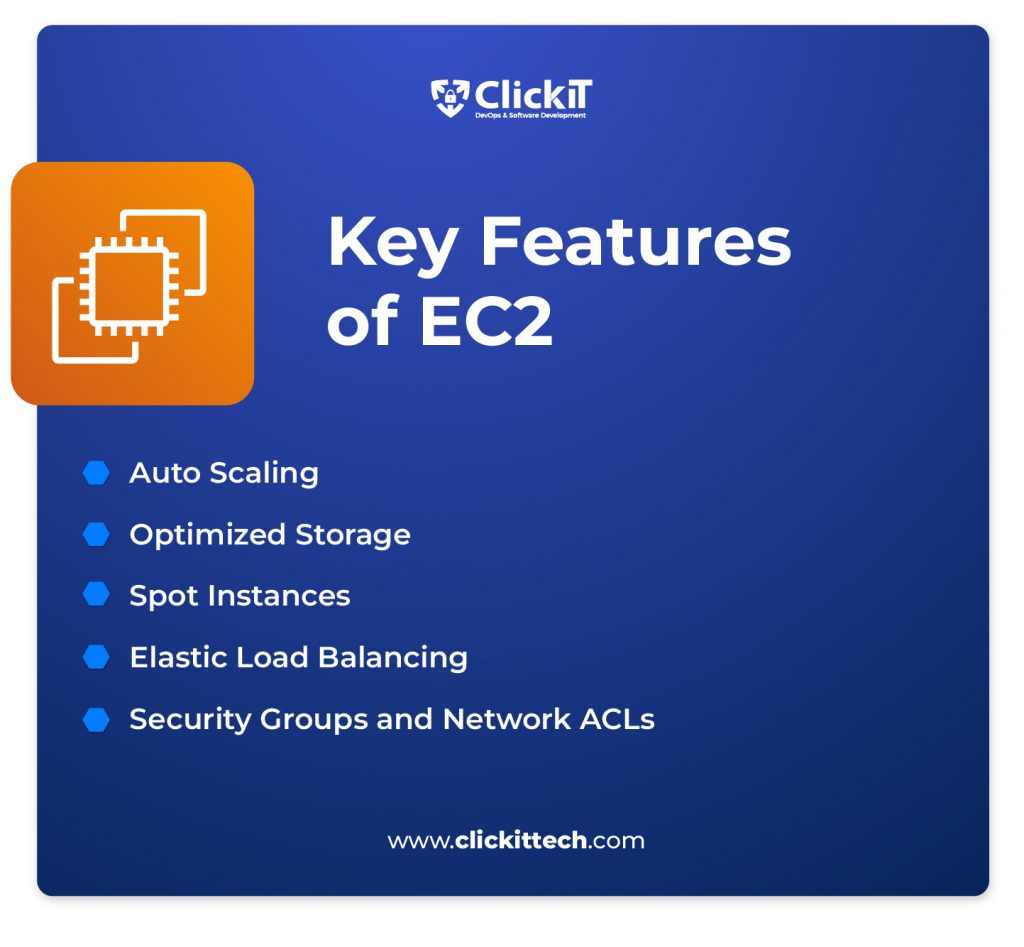 ECS vs EC2, Key Features of EC2
Auto Scaling
Optimized Storage
Spot Instances
Elastic Load Balancing
Security Groups and Network ACLs
