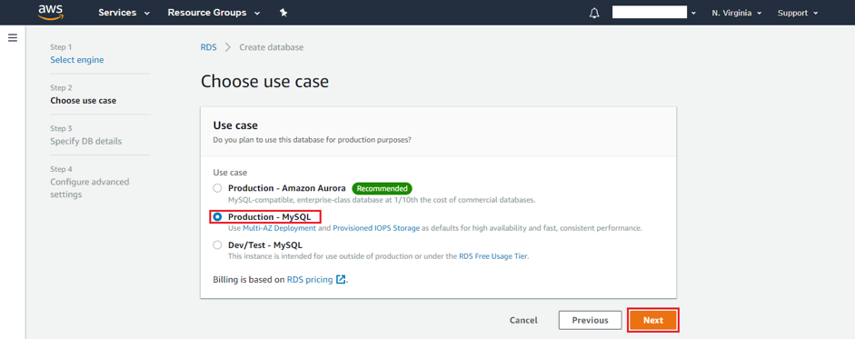 rds instance Production - MySQL
